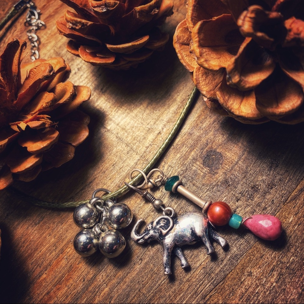 Silver Elephant, Rose & Teal Beads, Cluster Charms